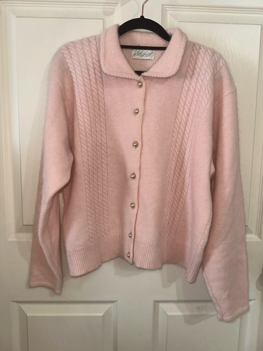 Lord & Taylor Pink Wool Angora Button-Front Collared Cardigan Sweater